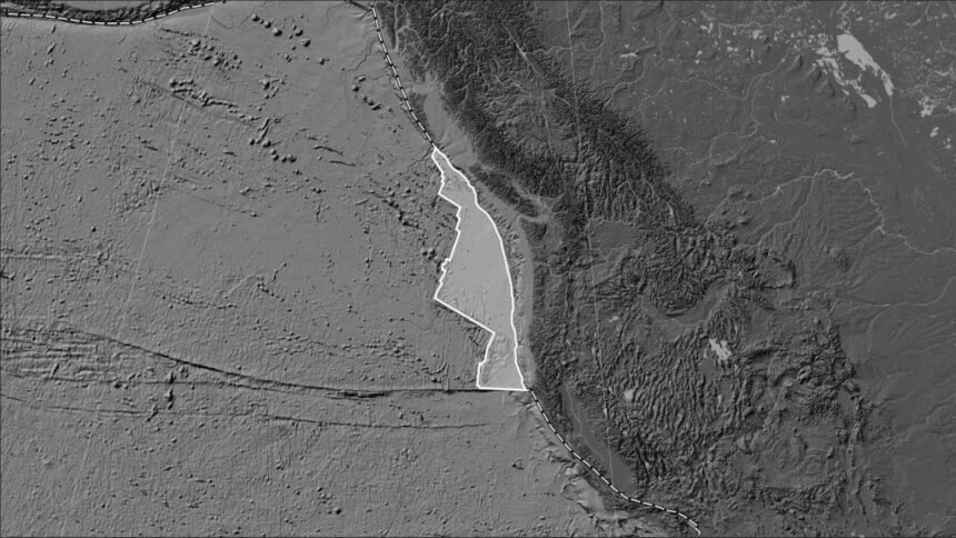 Distribuição de vulcões conhecidos ao redor da placa tectônica Juan de Fuca no mapa de elevação de dois níveis na projeção cilíndrica (oblíqua) de Patterson