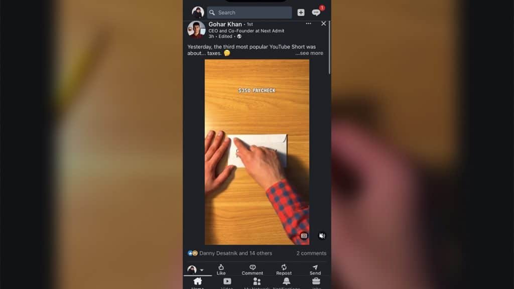 Captura de tela de vídeo estilo TikTok no feed do LinkedIn